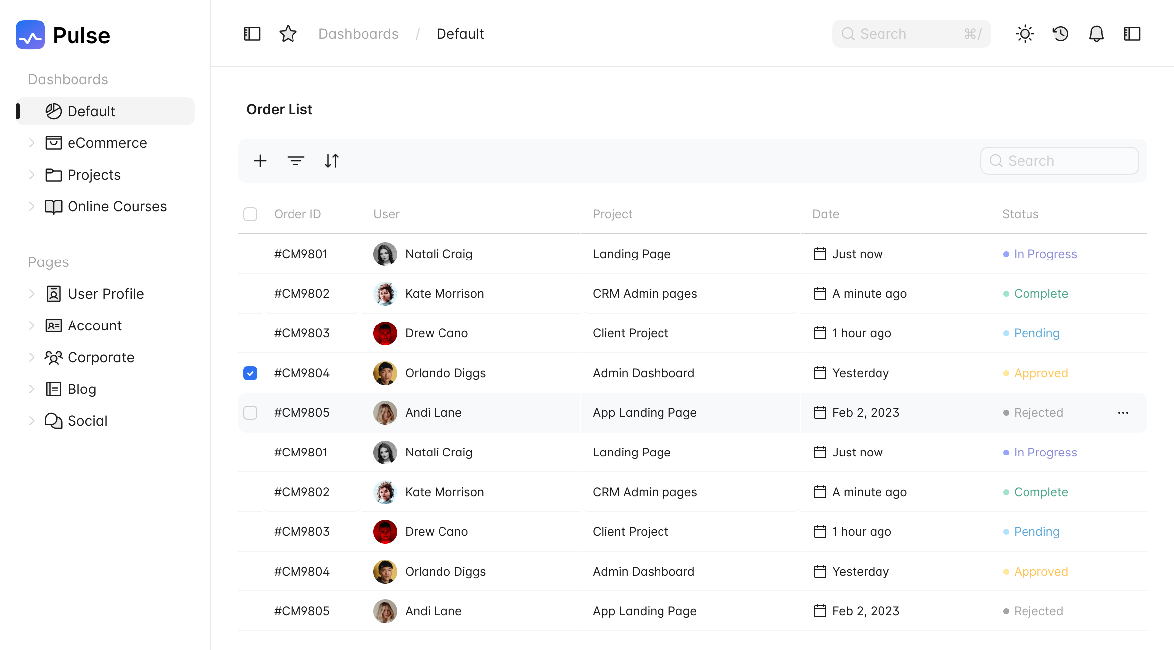 Pulse dashboard preview showing order list